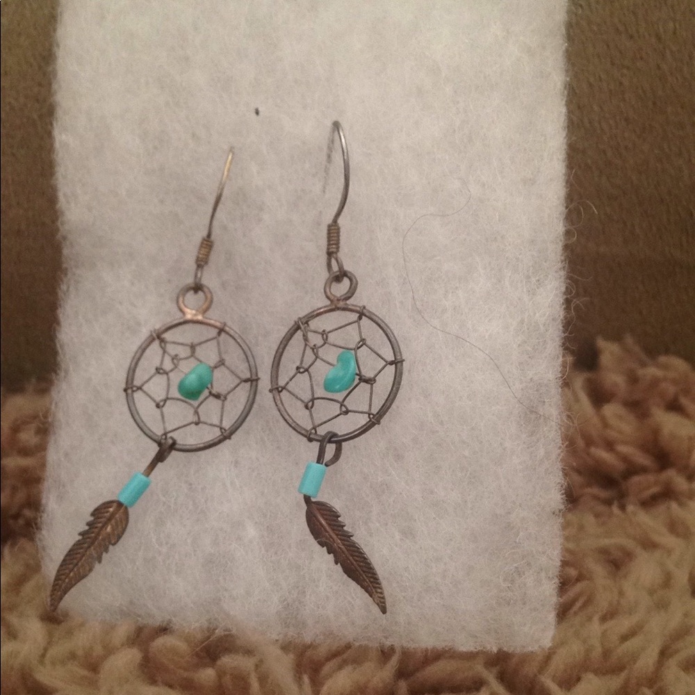 Dream catcher turquoise feather earrings